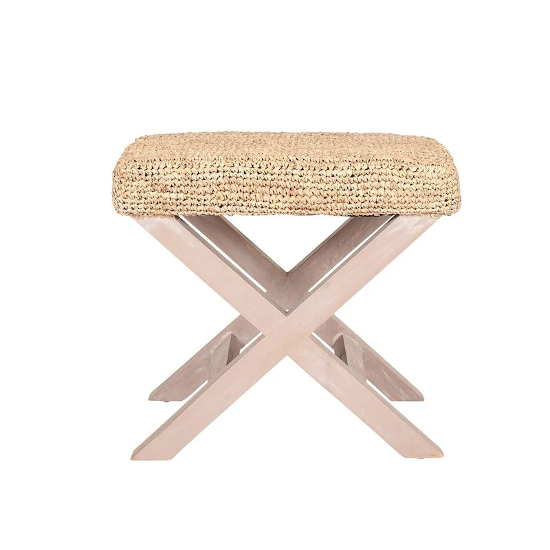 Handmade Natural Raffia And Wood Ottoman by East at Main