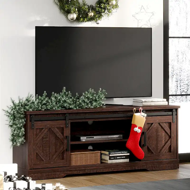 WAMPAT Farmhouse Sliding Barn Door TV Stand