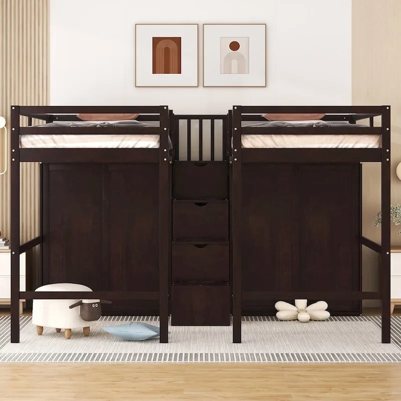 Double Twin Loft Beds with Wardrobes and Staircase