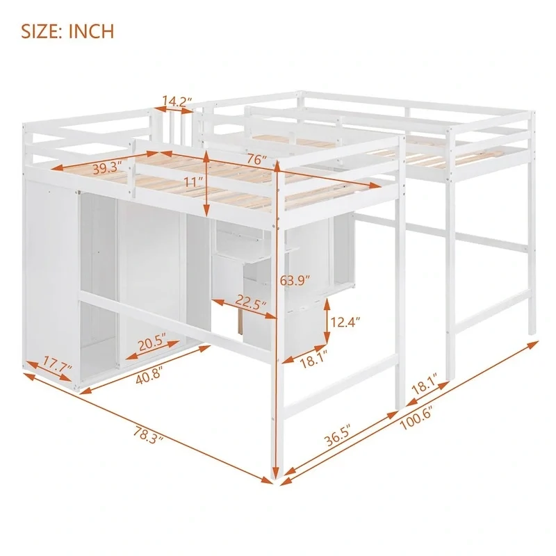 Double Twin Loft Beds with Wardrobes and Staircase