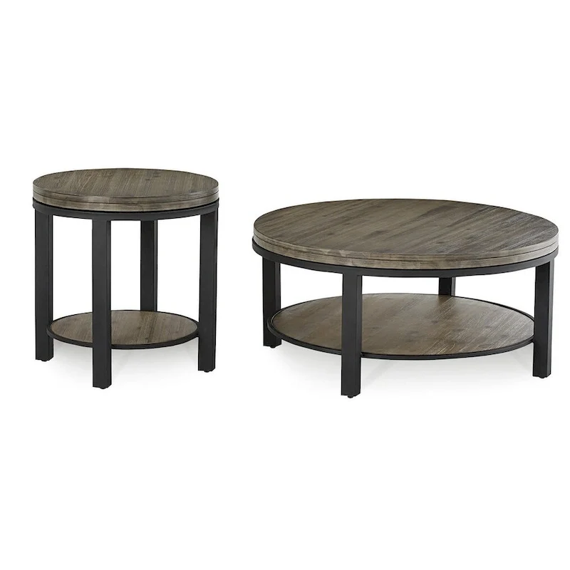 Canyon Solid Wood and Metal Round Coffee Table in Washed Grey - 19 x 40 x 40