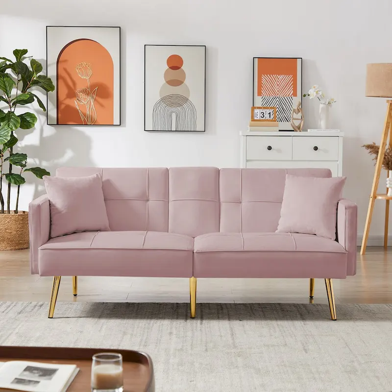 Pink Velvet Sofa Bed, Converts, Adjustable Positions, Central Armrest