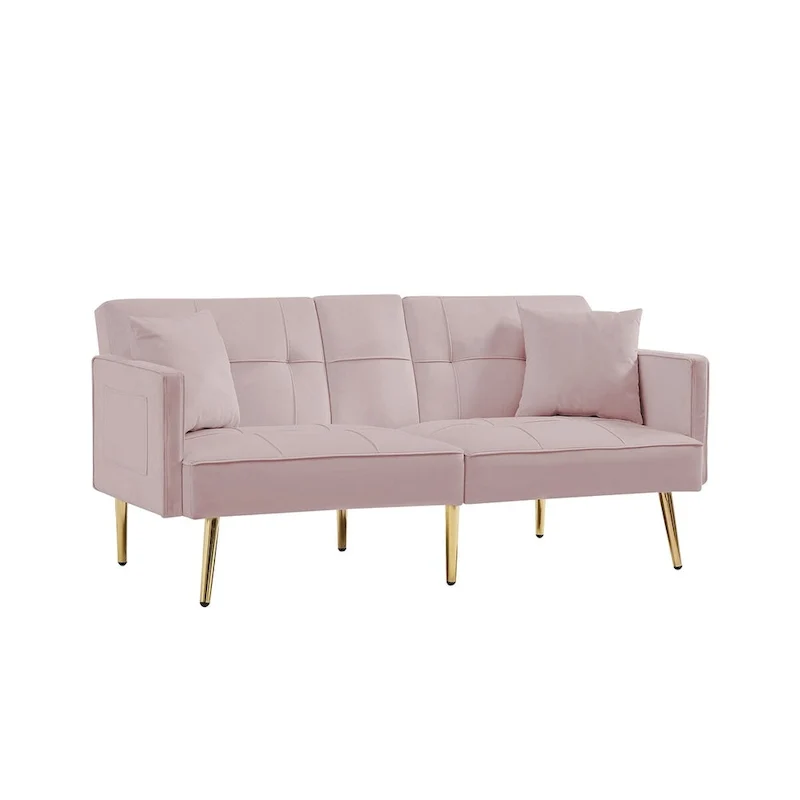 Pink Velvet Sofa Bed, Converts, Adjustable Positions, Central Armrest
