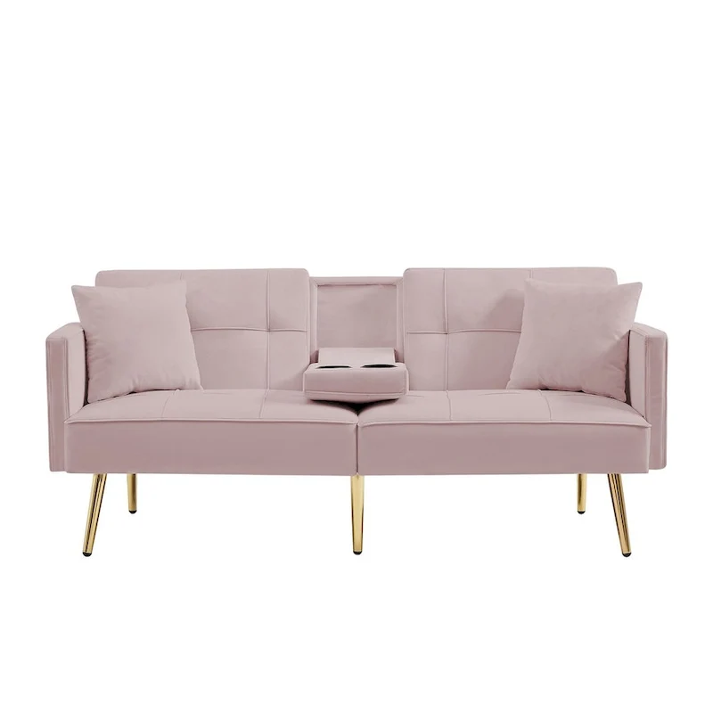 Pink Velvet Sofa Bed, Converts, Adjustable Positions, Central Armrest