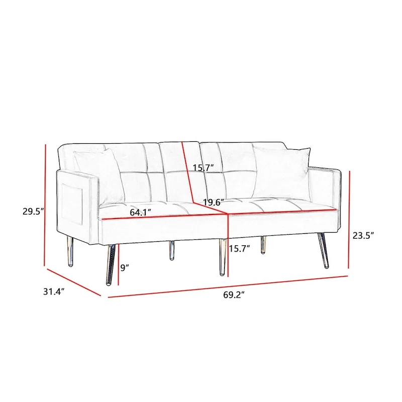 Pink Velvet Sofa Bed, Converts, Adjustable Positions, Central Armrest