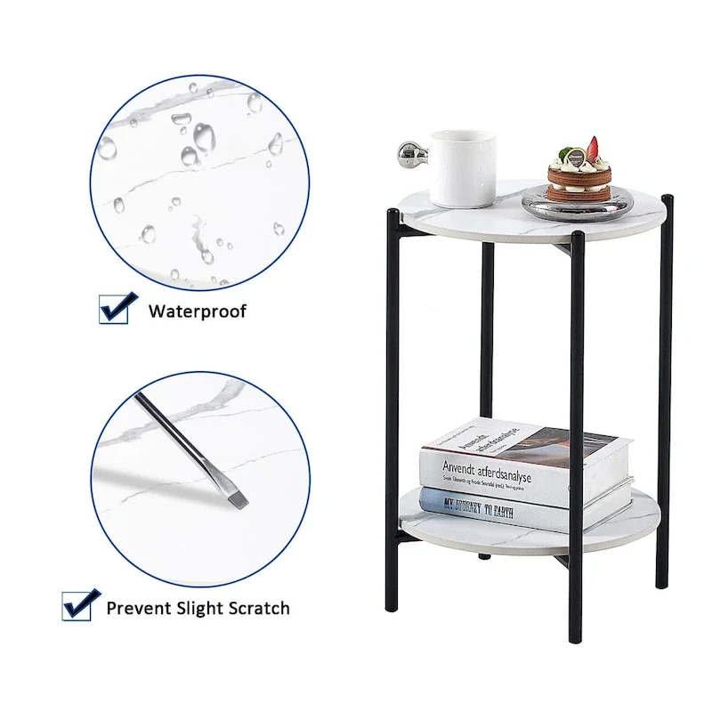 2-layer Round End Table/Coffee Table with Marble Tabletop