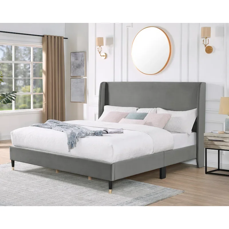 King Size Modern Style Platform Bed with Wingback Design Velvet Headboard for Bedroom
