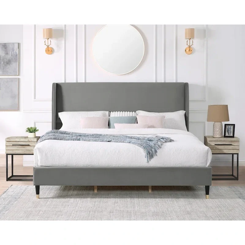 King Size Modern Style Platform Bed with Wingback Design Velvet Headboard for Bedroom