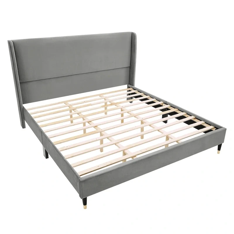 King Size Modern Style Platform Bed with Wingback Design Velvet Headboard for Bedroom