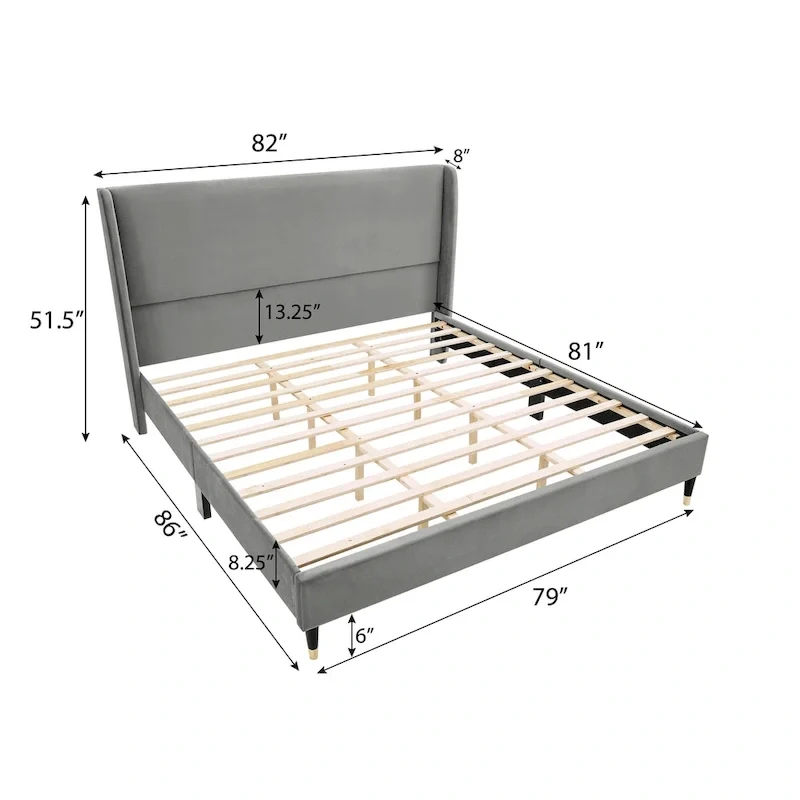King Size Modern Style Platform Bed with Wingback Design Velvet Headboard for Bedroom