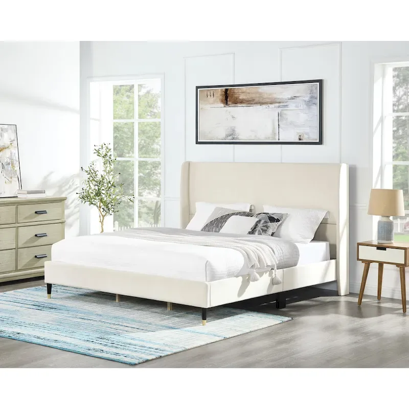 King Size Modern Style Platform Bed with Wingback Design Velvet Headboard for Bedroom