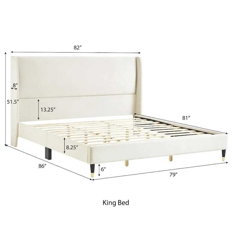 King Size Modern Style Platform Bed with Wingback Design Velvet Headboard for Bedroom