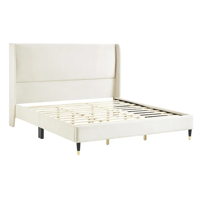 King Size Modern Style Platform Bed with Wingback Design Velvet Headboard for Bedroom