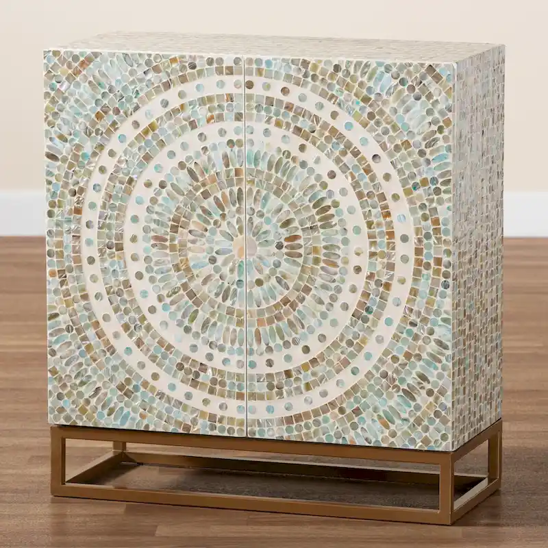 Quintus Modern Bohemian Multicolor Mother of Pearl and Gold Metal Storage Cabinet