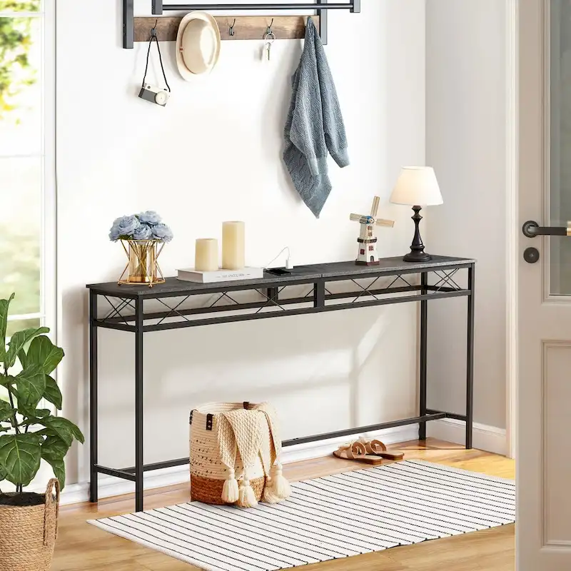 Javlergo Console Table with with Charging Station & USB Ports, Charcoal Gray