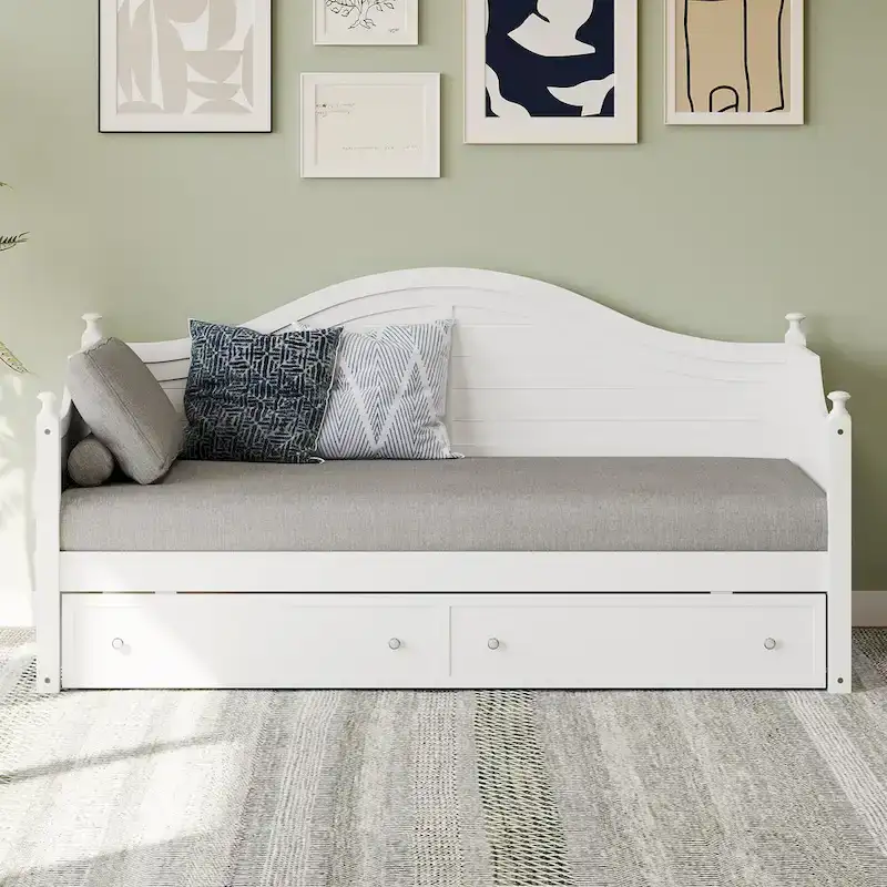 Roomfitters Twin Size Wood Daybed, 2 Storage Drawers, Handrail Frame, Living Room or Bedroom