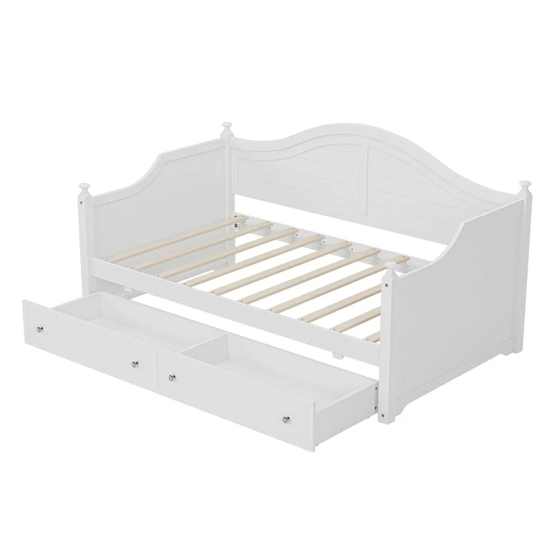 Roomfitters Twin Size Wood Daybed, 2 Storage Drawers, Handrail Frame, Living Room or Bedroom