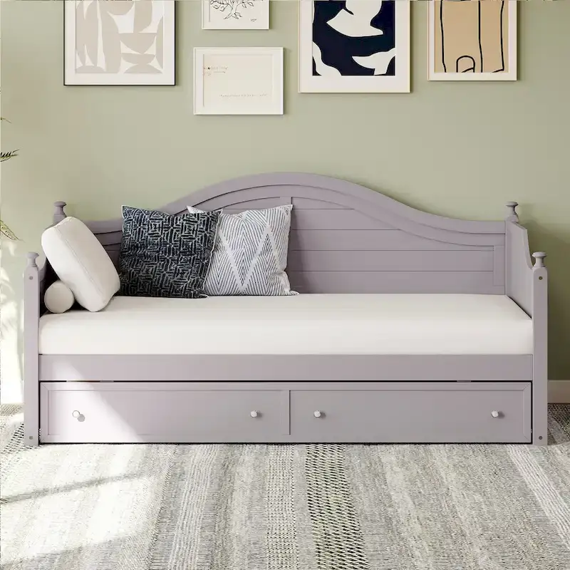 Roomfitters Twin Size Wood Daybed, 2 Storage Drawers, Handrail Frame, Living Room or Bedroom