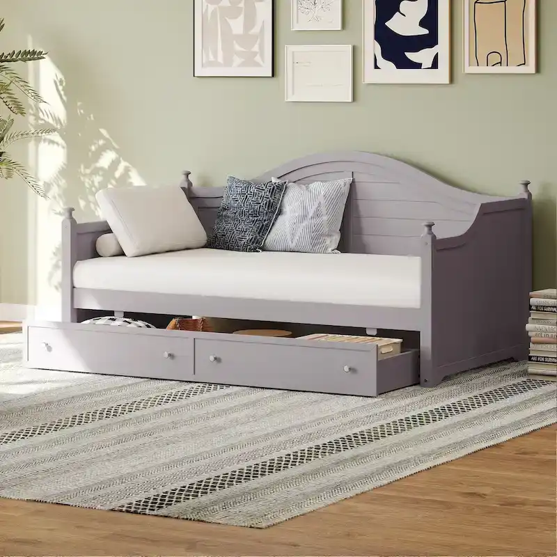 Roomfitters Twin Size Wood Daybed, 2 Storage Drawers, Handrail Frame, Living Room or Bedroom