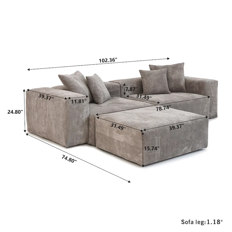 102 Oversized Corduroy Modular Sofa Reversible Couch with Ottoman