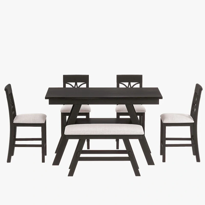 6-Piece Wood Counter Height Kitchen Dining Table Set with Storage Shelf, Bench and 4 Chairs, Espresso and Beige