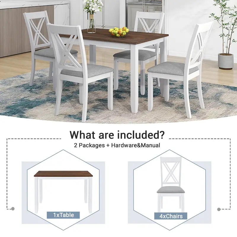 5 Piece Wood Table and Chair Set, Kitchen Dining Table Set for 4 with Rectangle Table and 4 X-Back Upholstered Chairs
