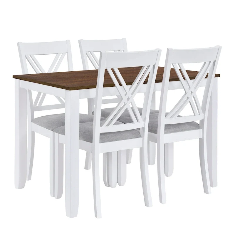 5 Piece Wood Table and Chair Set, Kitchen Dining Table Set for 4 with Rectangle Table and 4 X-Back Upholstered Chairs