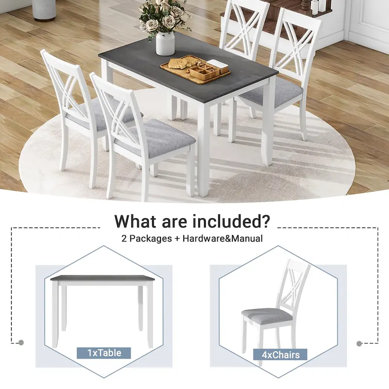 5 Piece Wood Table and Chair Set, Kitchen Dining Table Set for 4 with Rectangle Table and 4 X-Back Upholstered Chairs