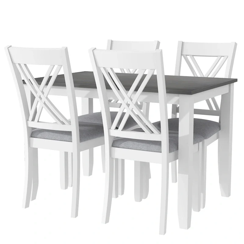 5 Piece Wood Table and Chair Set, Kitchen Dining Table Set for 4 with Rectangle Table and 4 X-Back Upholstered Chairs