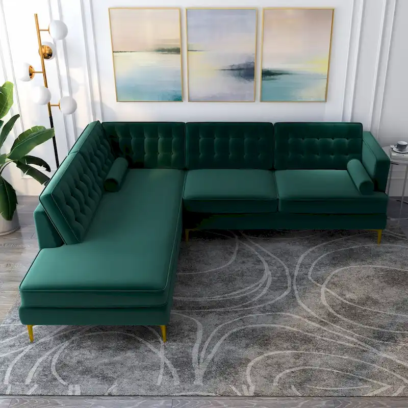 Caterina Velvet Modern Tufted Living Room Corner Sectional Sofa in Dark Green