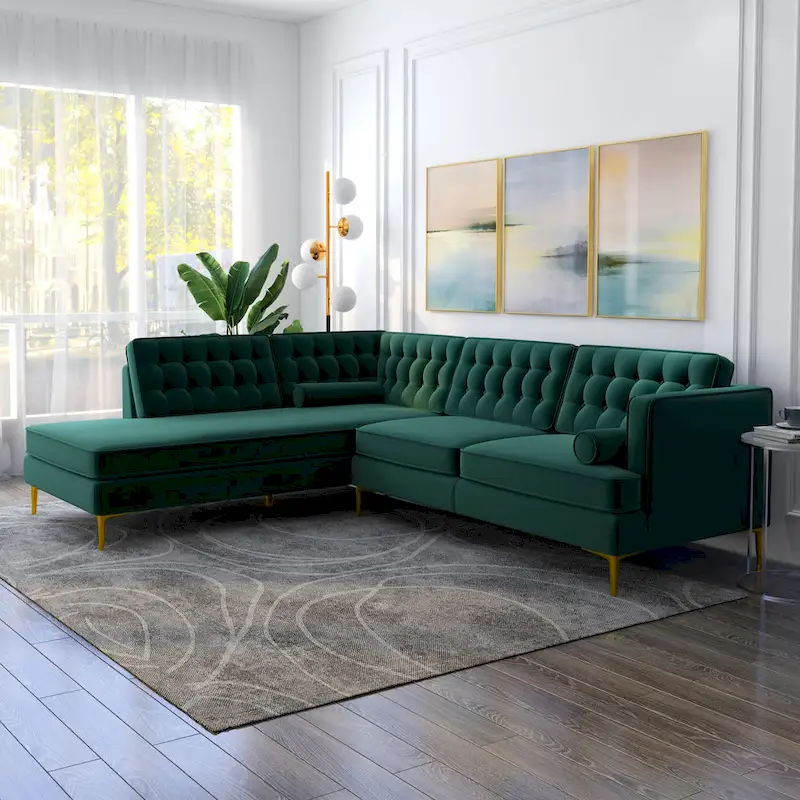 Caterina Velvet Modern Tufted Living Room Corner Sectional Sofa in Dark Green