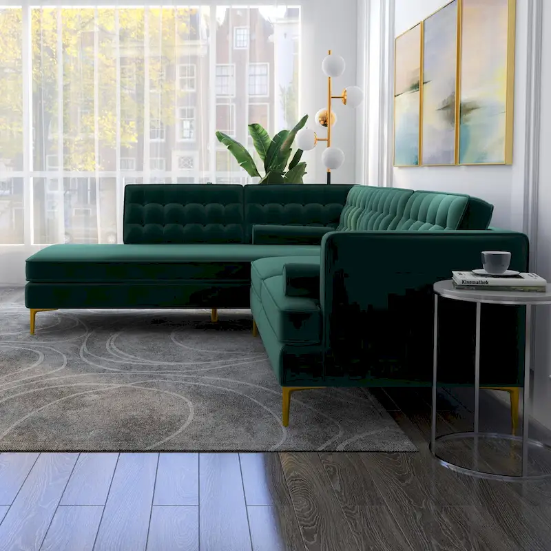 Caterina Velvet Modern Tufted Living Room Corner Sectional Sofa in Dark Green