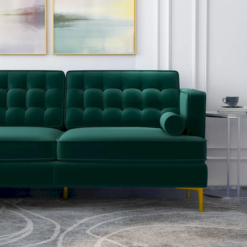 Caterina Velvet Modern Tufted Living Room Corner Sectional Sofa in Dark Green