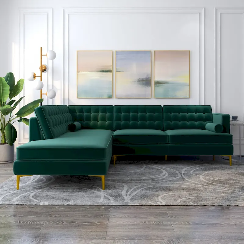 Caterina Velvet Modern Tufted Living Room Corner Sectional Sofa in Dark Green