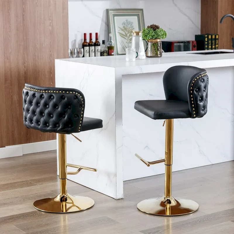 Set of 2 PU Upholstered Swivel Adjustble Bar Stools with Tufted Back