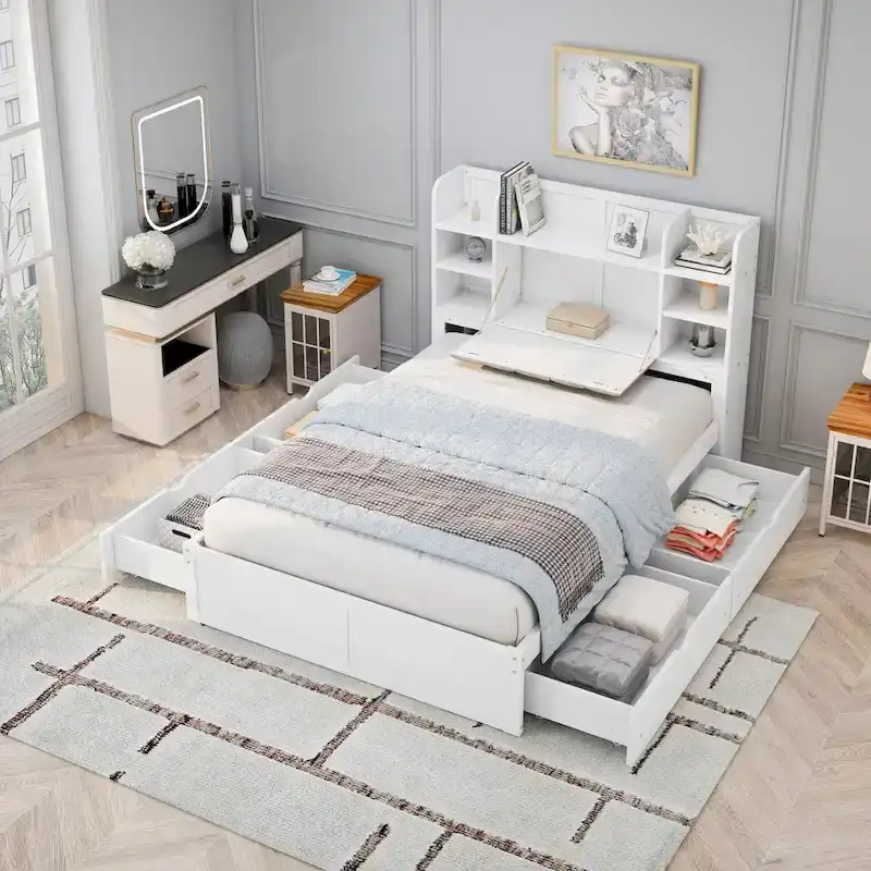 Multi-functional Full Size Bed with 4 Under-bed Portable Storage Drawers