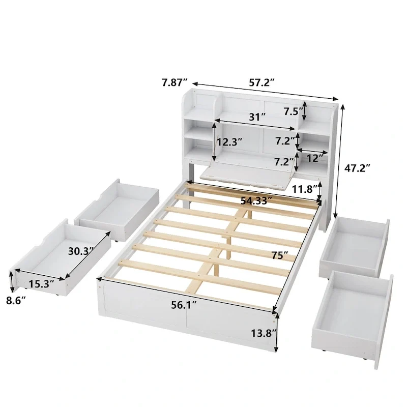 Multi-functional Full Size Bed with 4 Under-bed Portable Storage Drawers
