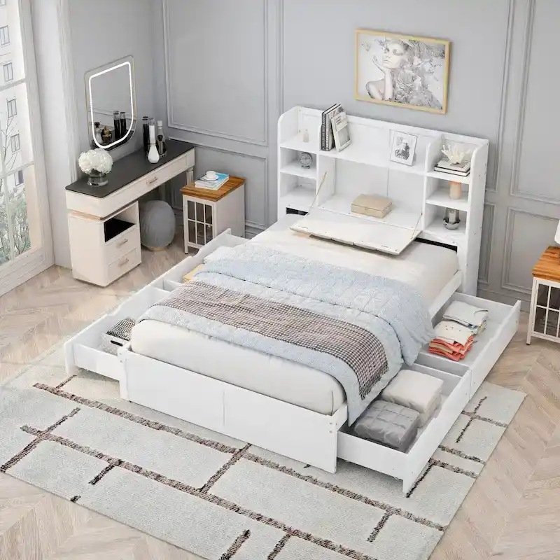 Multi-functional Full Size Bed with 4 Under-bed Portable Storage Drawers