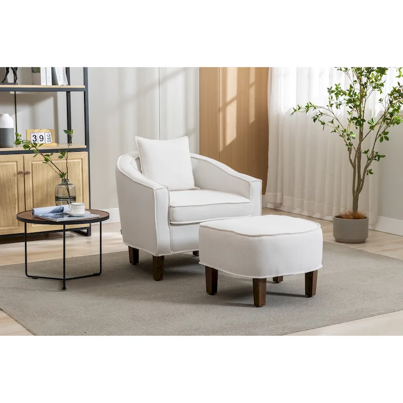 Mid-Century Upholstered Barrel Accent Round Arm Chair with Ottoman