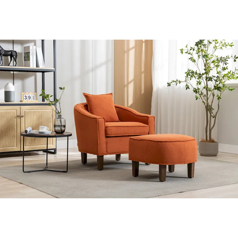 Mid-Century Upholstered Barrel Accent Round Arm Chair with Ottoman