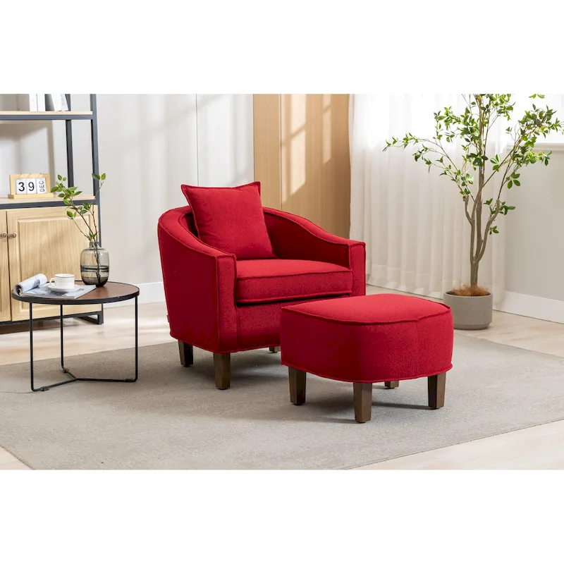Mid-Century Upholstered Barrel Accent Round Arm Chair with Ottoman