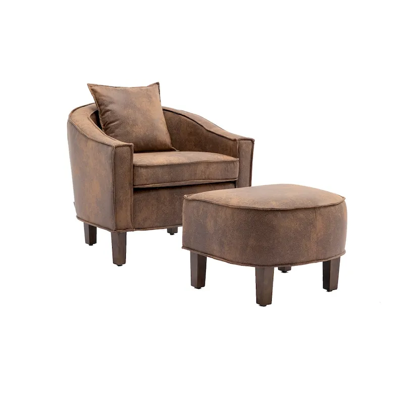 Mid-Century Upholstered Barrel Accent Round Arm Chair with Ottoman