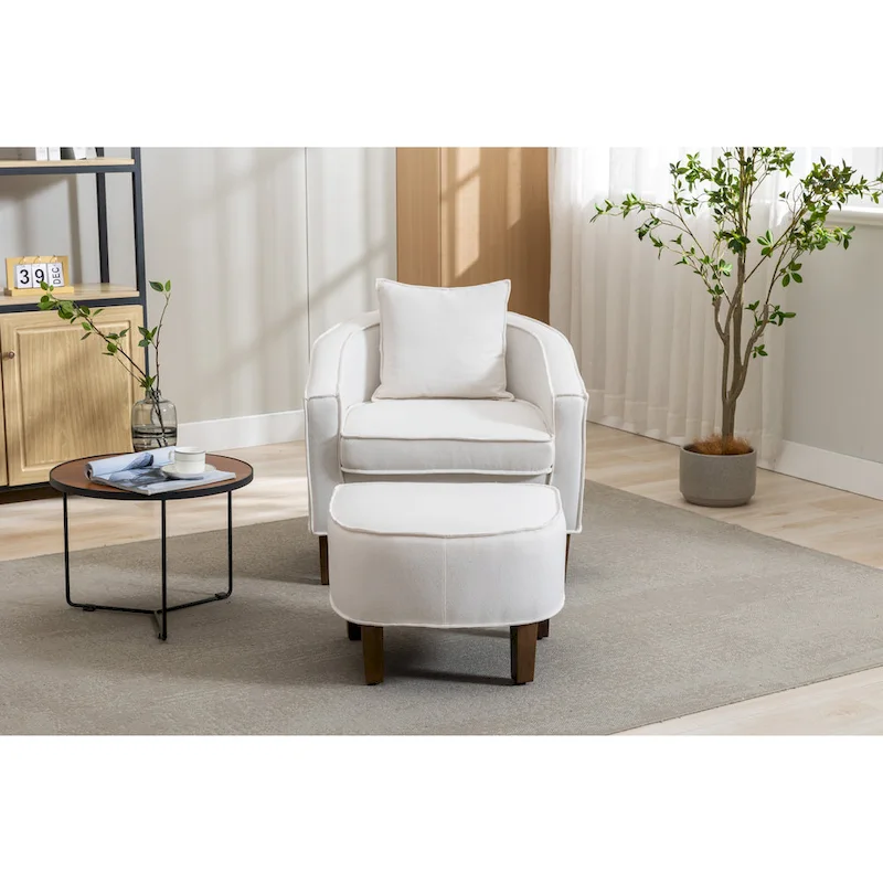 Mid-Century Upholstered Barrel Accent Round Arm Chair with Ottoman