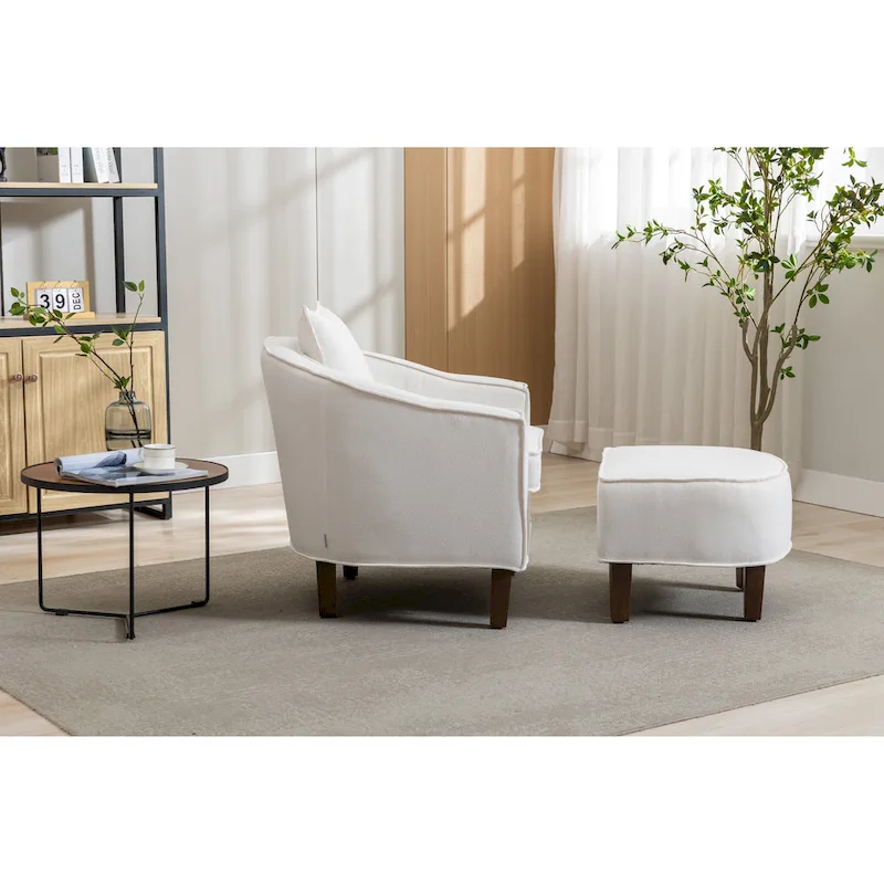 Mid-Century Upholstered Barrel Accent Round Arm Chair with Ottoman