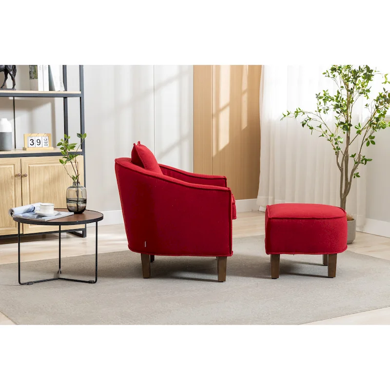 Mid-Century Upholstered Barrel Accent Round Arm Chair with Ottoman