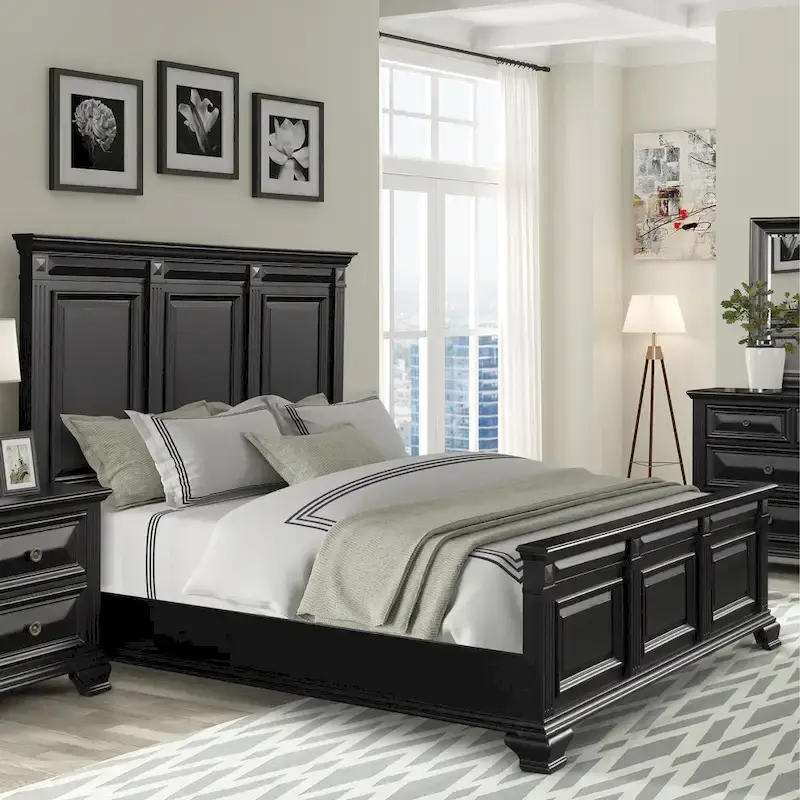 Roundhill Furniture Renova Vintage Black Wood Bedroom Set, Panel Bed, Dresser, Mirror, Two Nightstands