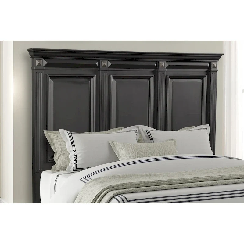 Roundhill Furniture Renova Vintage Black Wood Bedroom Set, Panel Bed, Dresser, Mirror, Two Nightstands