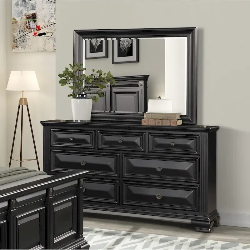 Roundhill Furniture Renova Vintage Black Wood Bedroom Set, Panel Bed, Dresser, Mirror, Two Nightstands