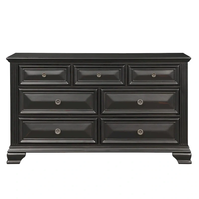 Roundhill Furniture Renova Vintage Black Wood Bedroom Set, Panel Bed, Dresser, Mirror, Two Nightstands
