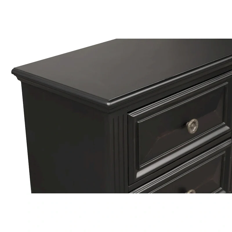 Roundhill Furniture Renova Vintage Black Wood Bedroom Set, Panel Bed, Dresser, Mirror, Two Nightstands